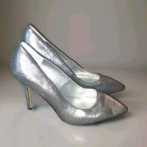 White House Black Market Olivia Silver Leather Glitter Pumps 7M Heels SB5#16